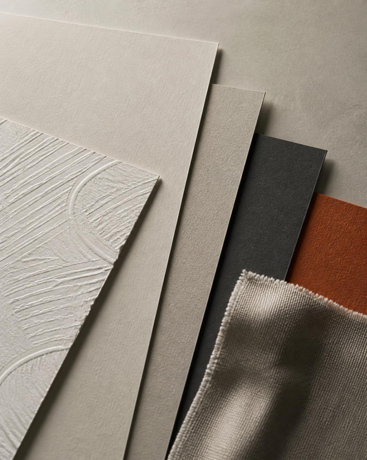 Paper and material samples in bone, stone, charcoal and burnt orange fanned across a grey surface