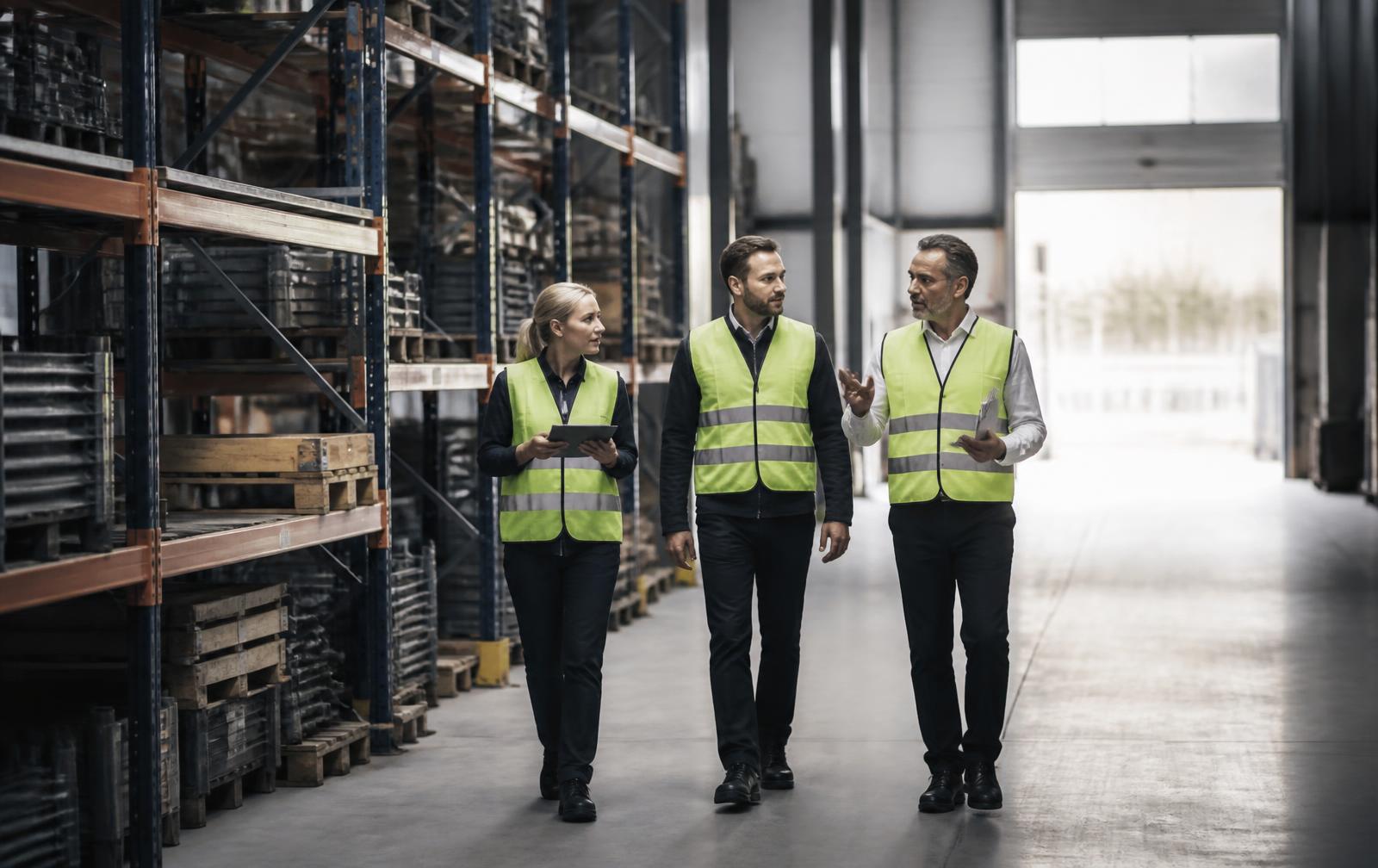 Three staff in high-visibility vests walking through a logistics facility past steel racking