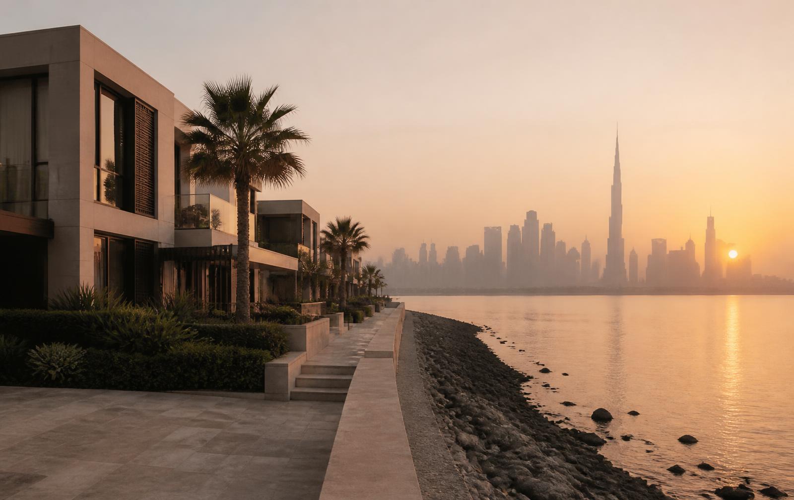Low-rise waterfront residences at sunrise with the Dubai skyline in haze across the water