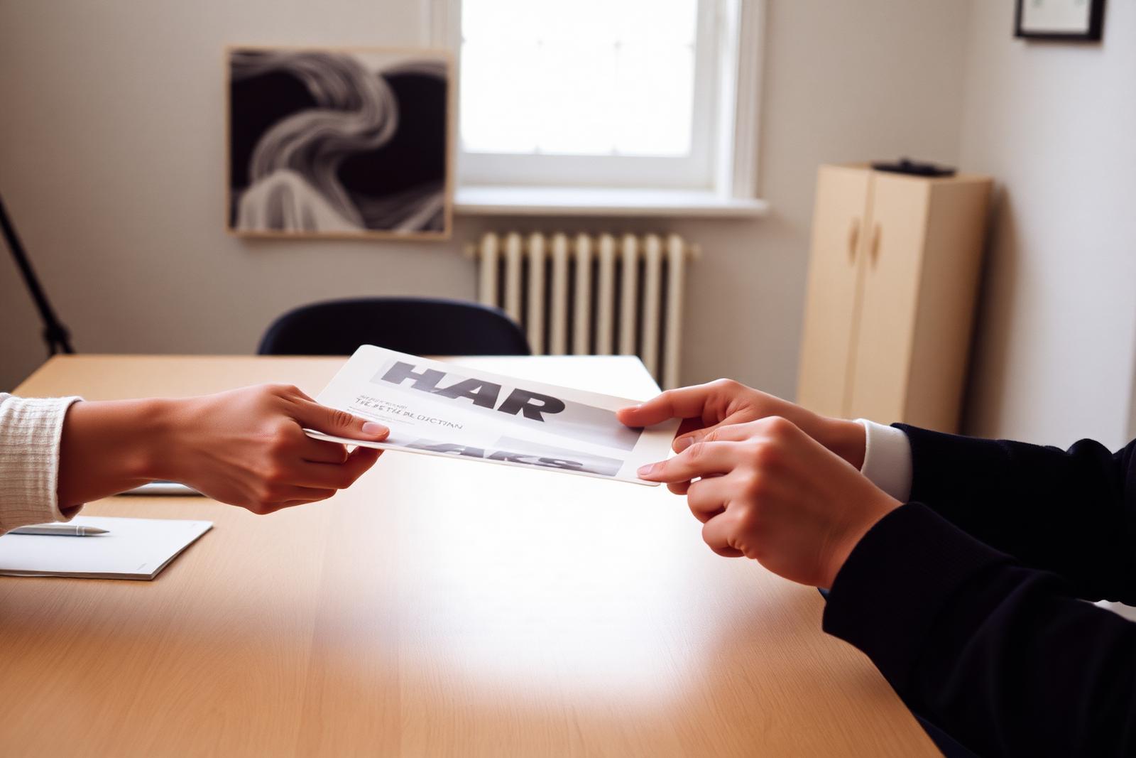 Hands passing a printed proof across a table during a calm studio meeting