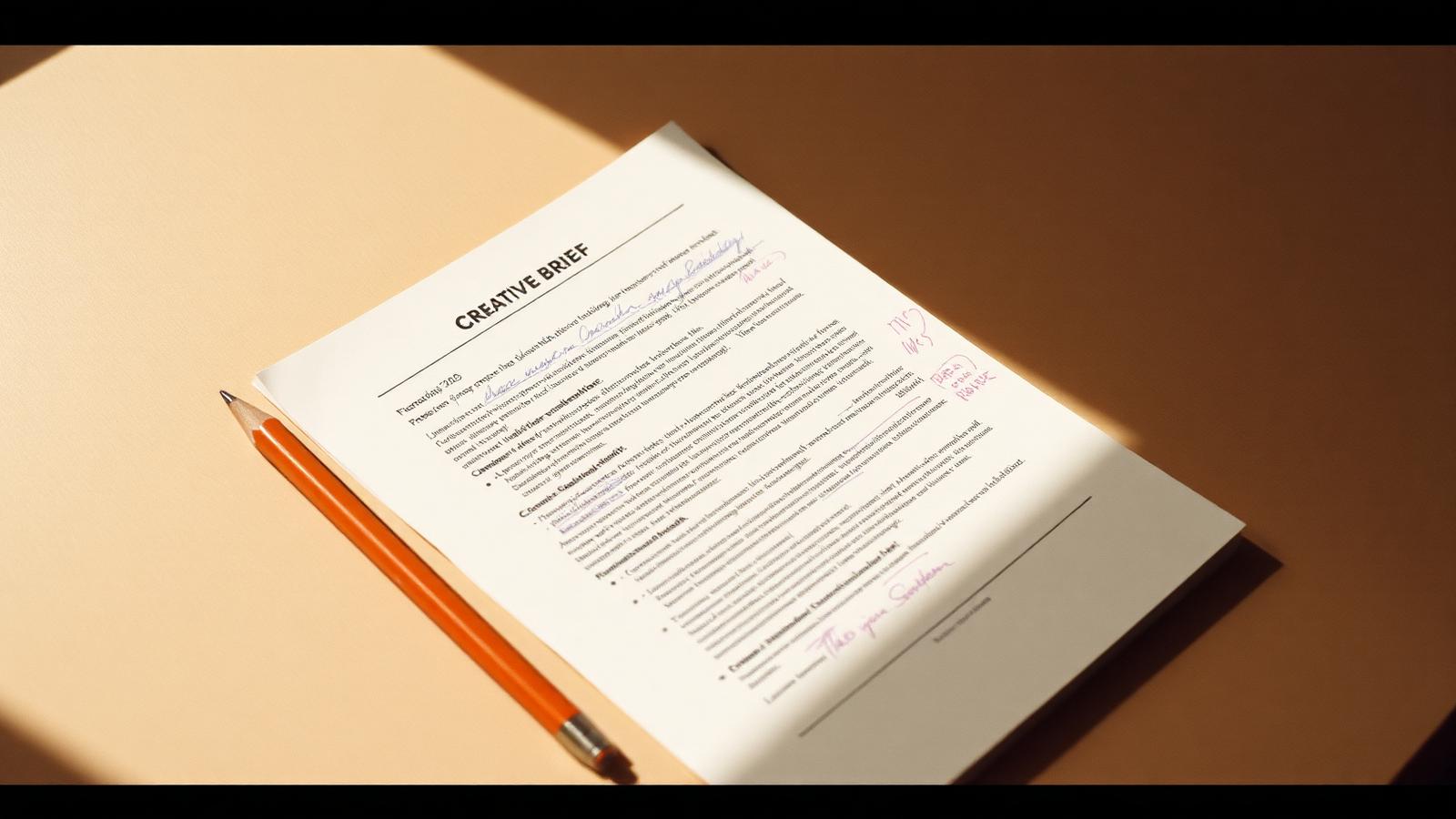 Printed creative brief with handwritten annotations and a pencil in raking daylight