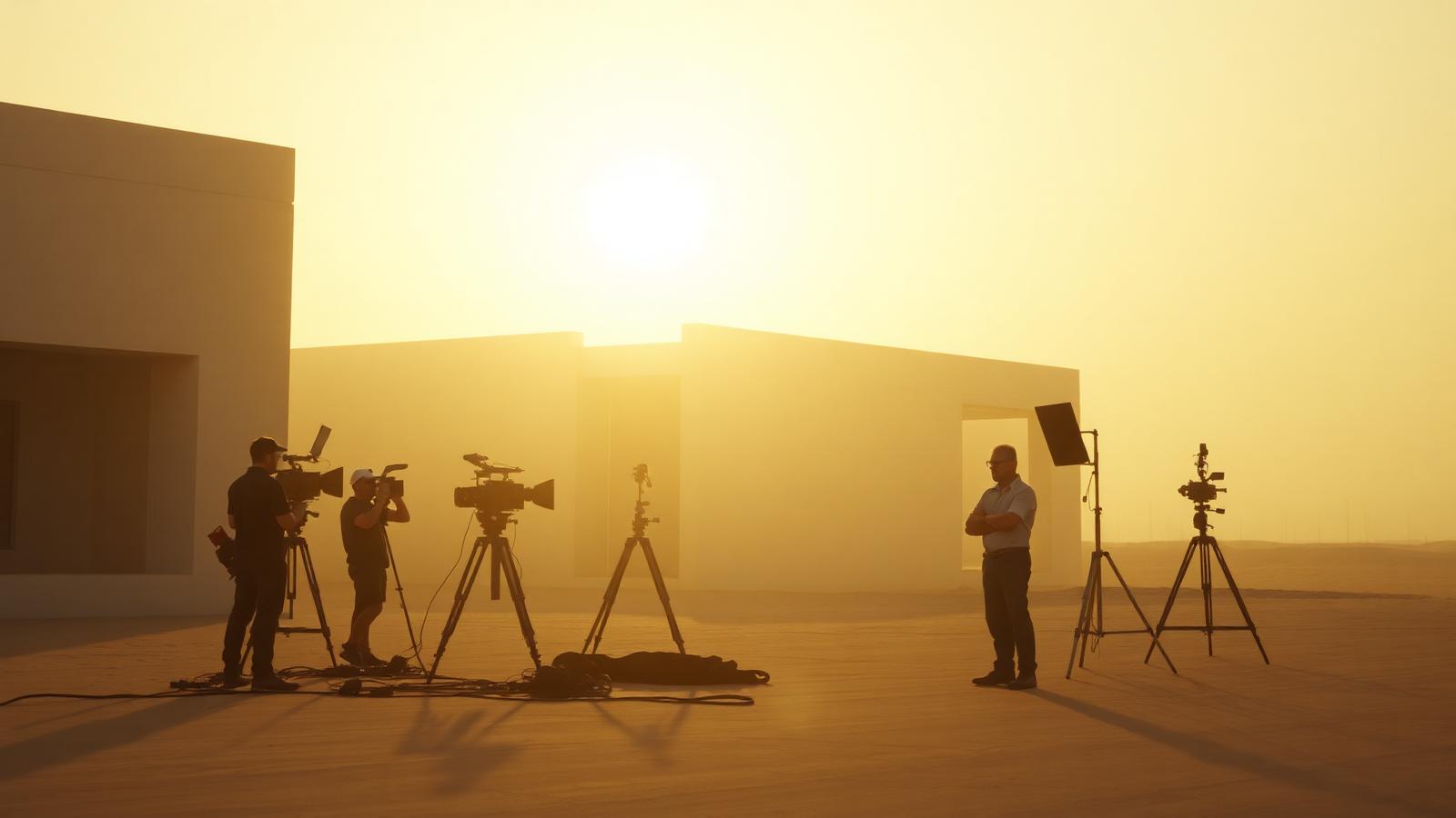 Film crew setting up outside a modern building at sunrise in the UAE