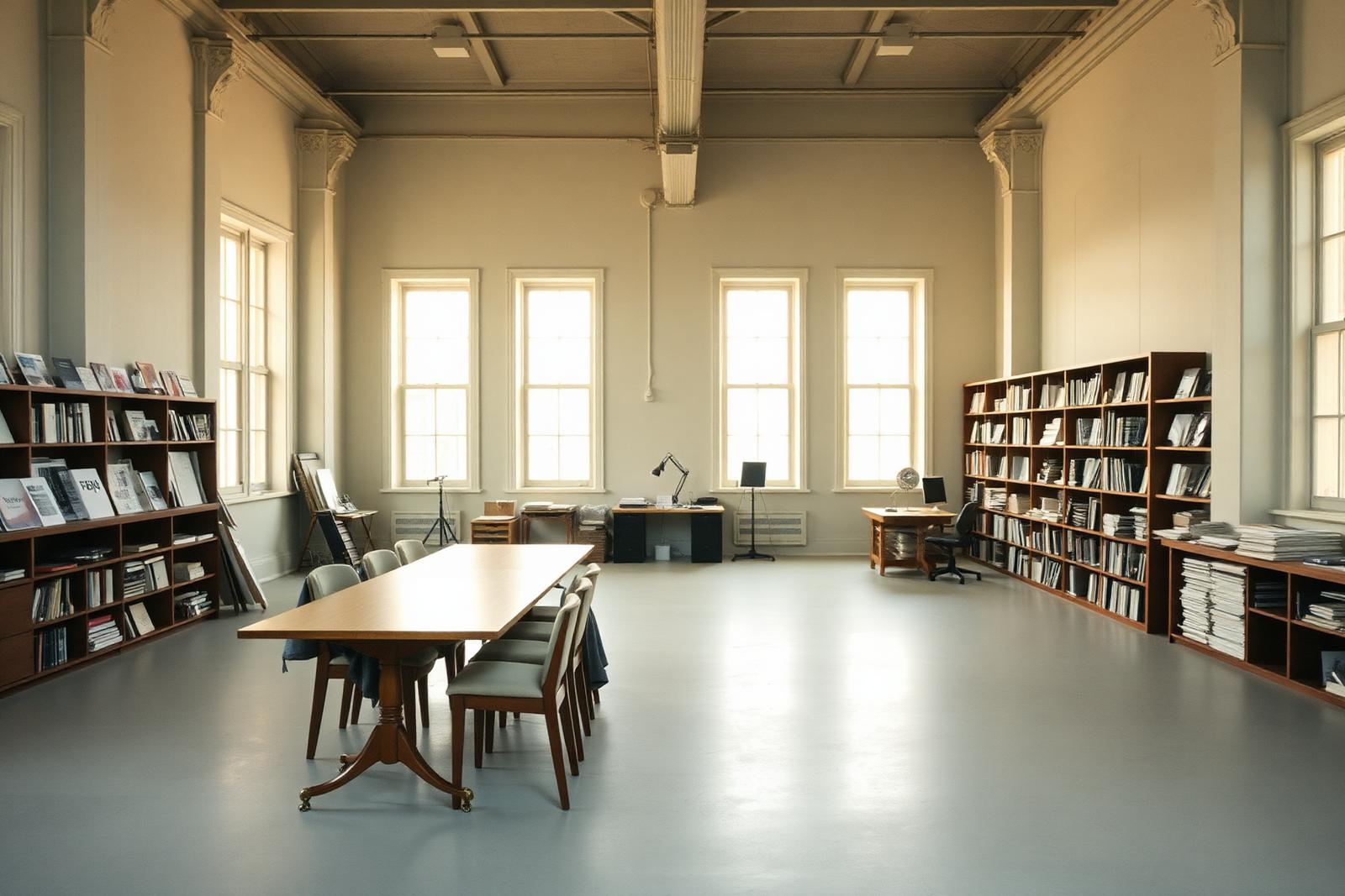 Quiet studio interior with a long worktable, shelves of printed matter and tall daylight windows