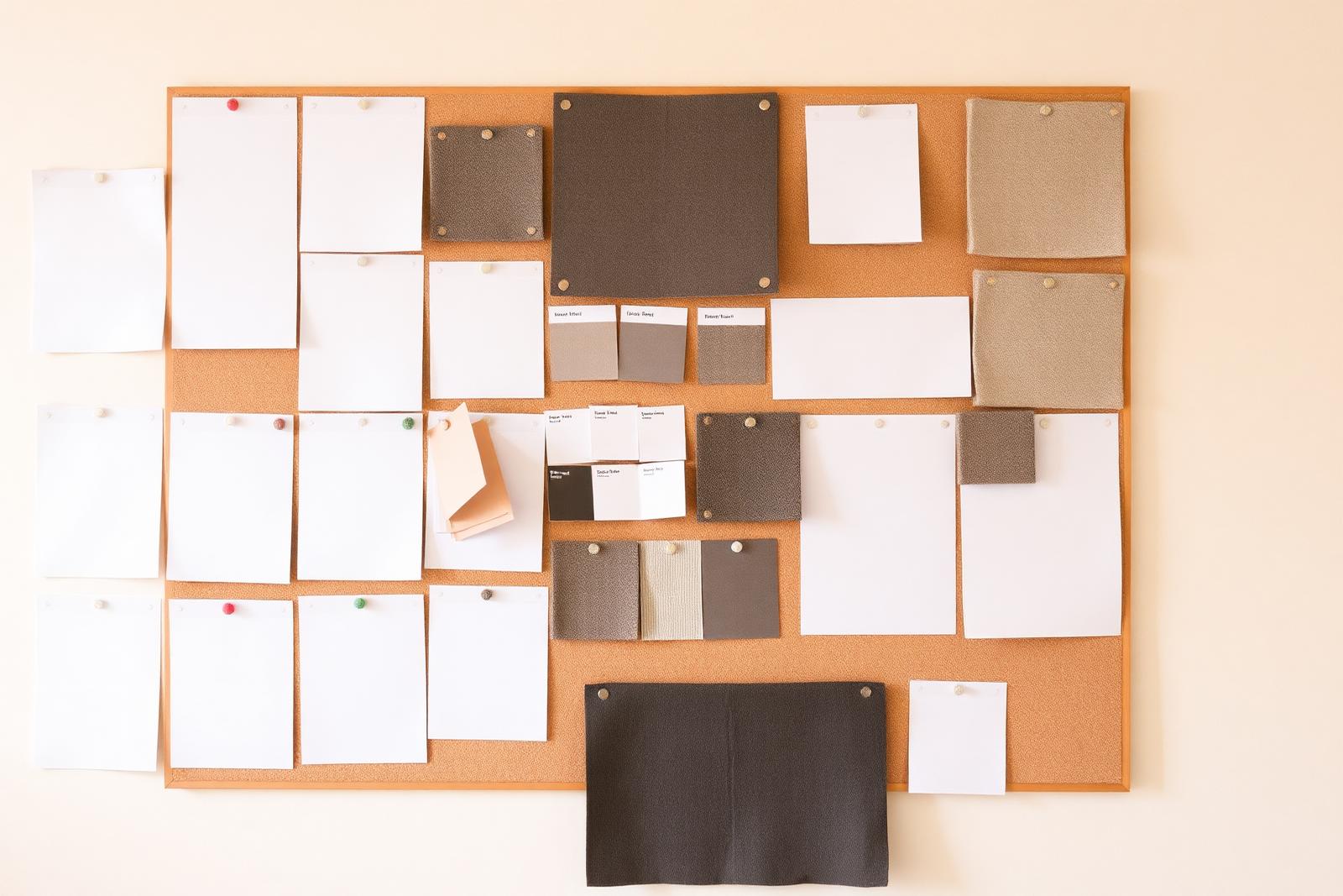 Studio pinboard of paper proofs, colour cards and material swatches in neutral tones